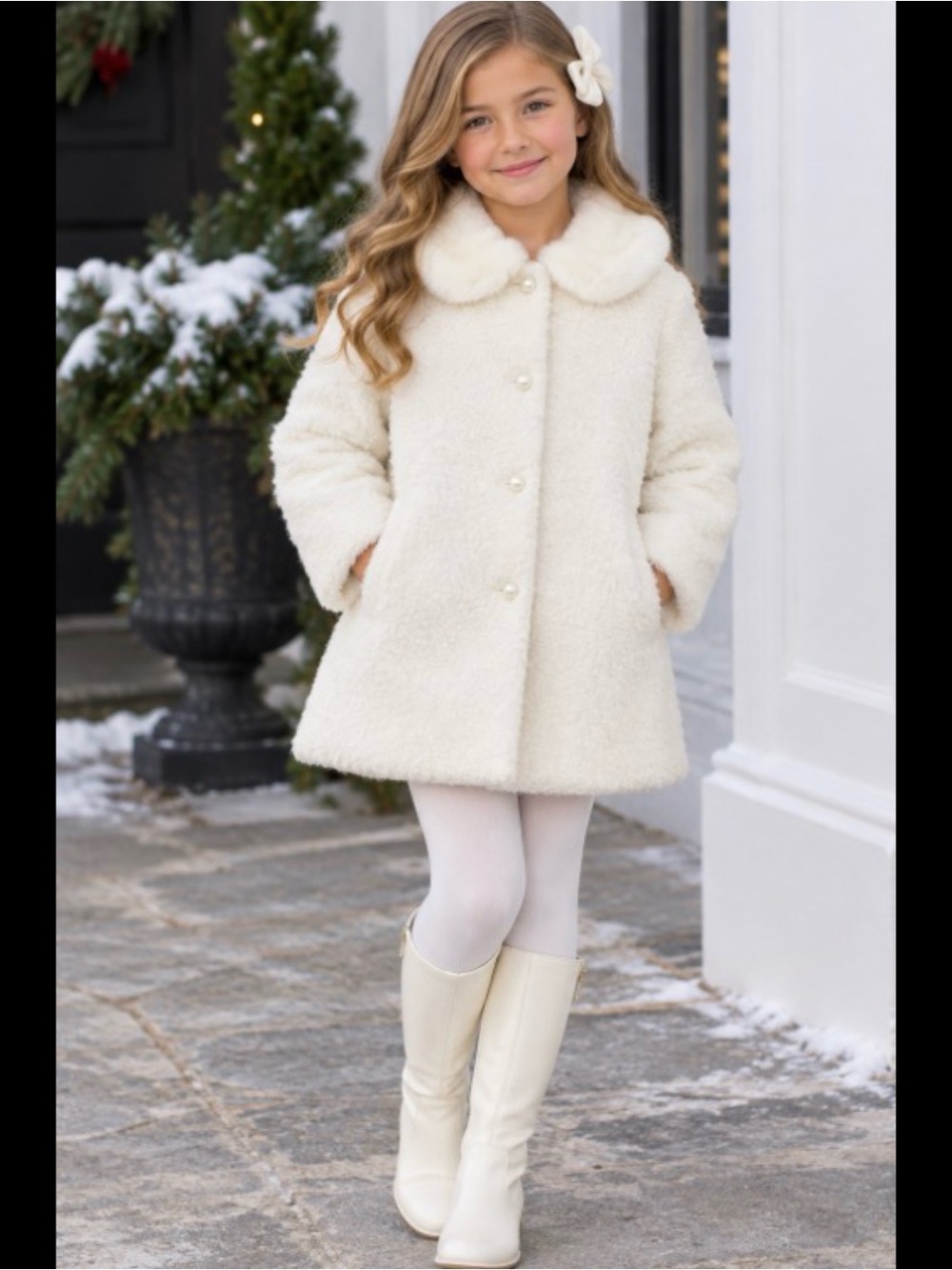 Janie and Jack Jet Ivory The Cozy Boucle Sherpa Faur Fur Collar Coat Size 7-8